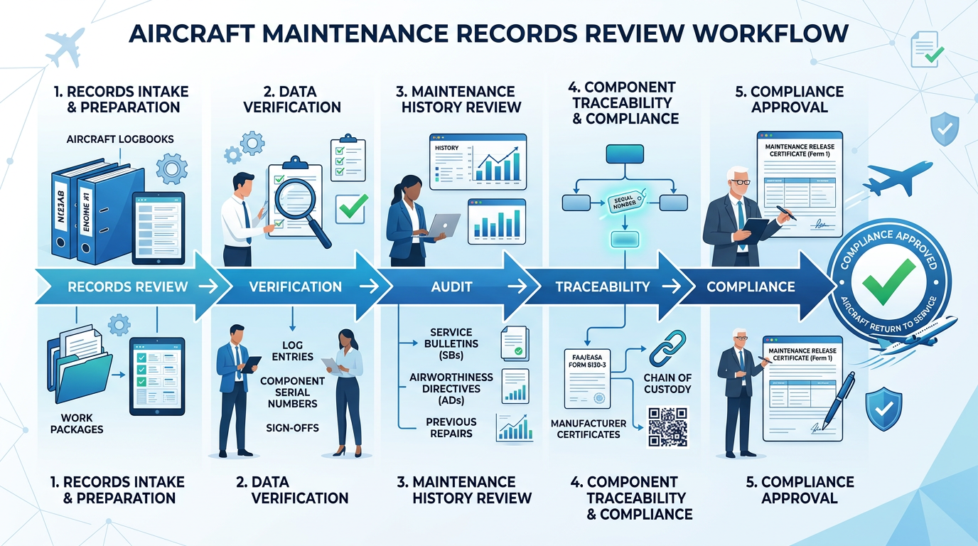 A modern infographic-style illustration of an aircraft maintenance records review workflow, showing documents, logbooks, i...