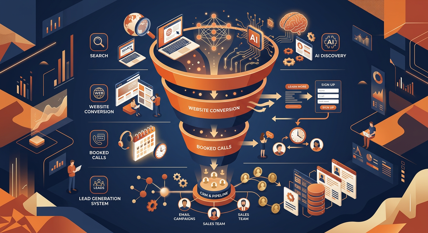 Modern illustrated marketing funnel showing search, AI discovery, website conversion, and booked calls flowing into a lead...