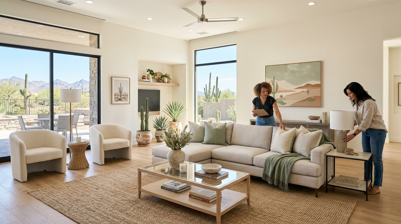 A bright, modern Scottsdale living room being professionally staged, with neutral furniture, clean lines, desert-inspired ...