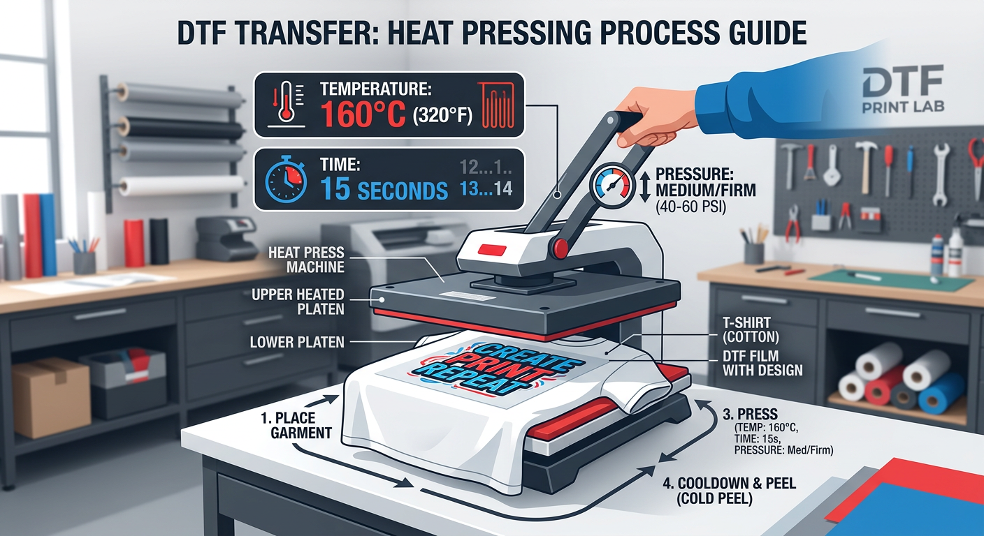 An infographic-style visual of a DTF transfer being pressed with labeled temperature, time, and pressure indicators, clean...