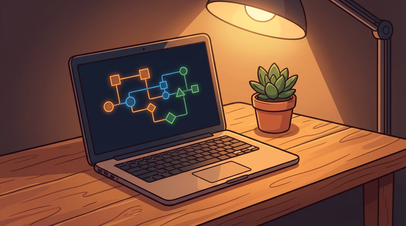 Stylized workspace showing a laptop with a node-based automation canvas