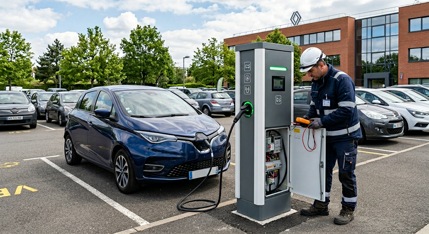 Borne de recharge électrique IRVE en fonctionnement sur un parking d'entreprise, installateur vérifiant le tableau électrique associé.