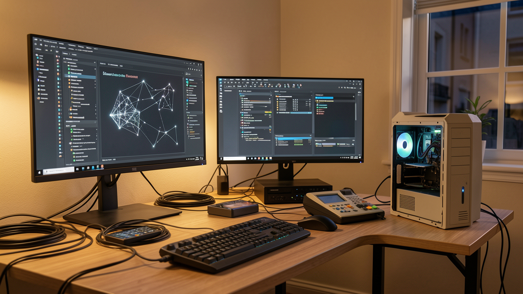 Laboratoire IA personnel avec ordinateur dédié, navigateur et automatisations