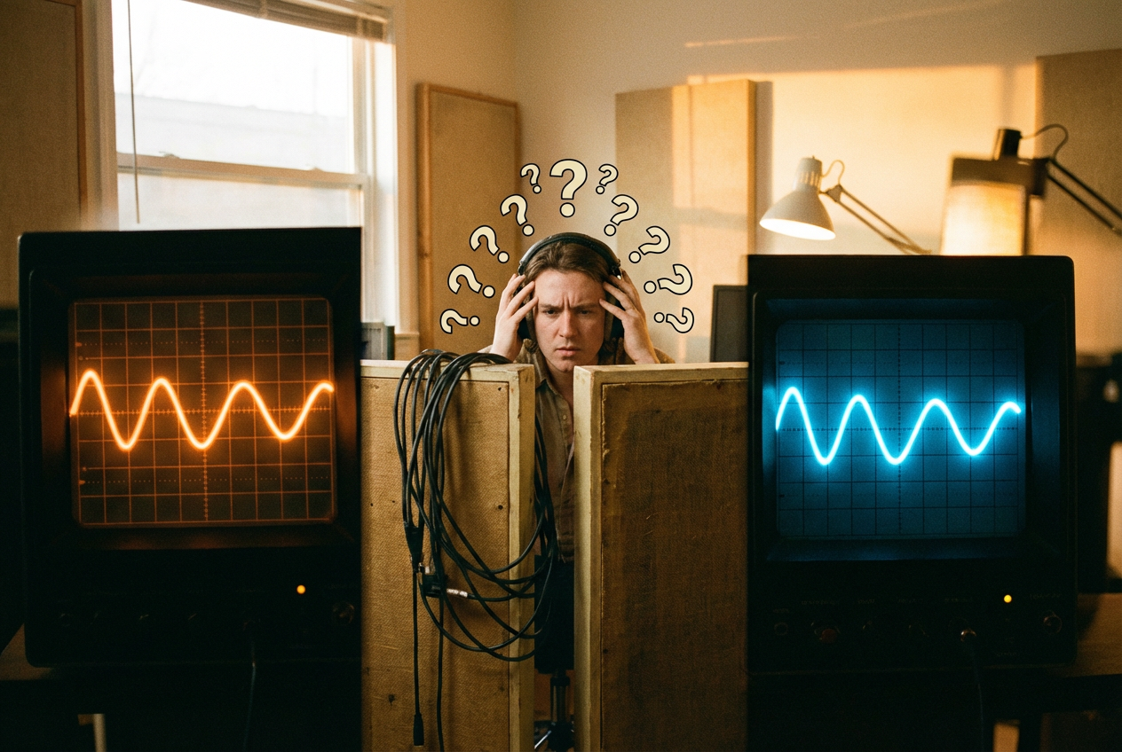 alt text: A split-screen visualization showing two identical audio waveforms side by side — one labeled 'Human' and one labeled 'AI' — with a confused listener wearing headphones in the center, surrounded by floating question marks, warm amber lighting in a recording studio setting