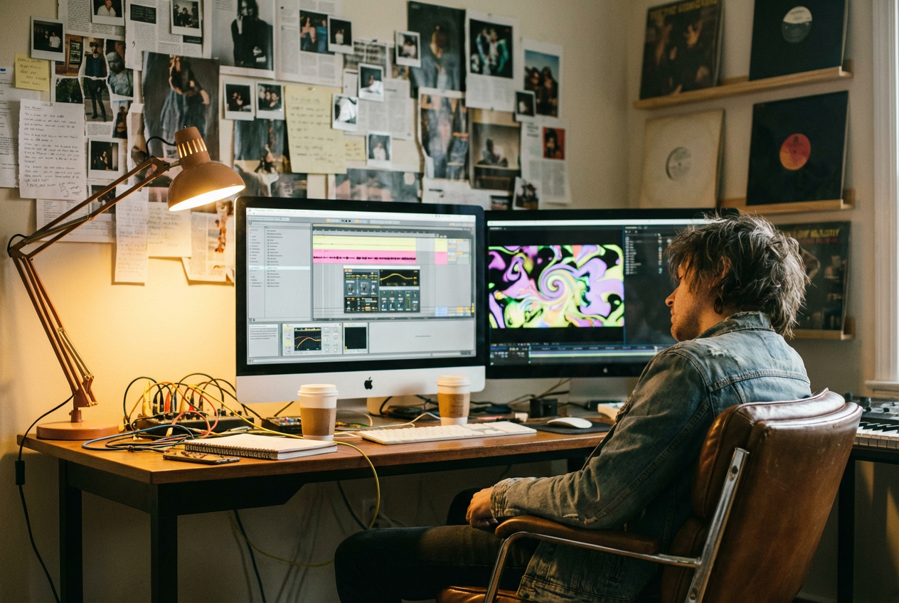 alt text: A musician sitting at a desk with dual monitors, one showing a music production DAW and the other showing a vibrant, colorful AI-generated music video scene being edited, creative chaos of inspiration boards and vinyl records on the wall behind them, warm desk lamp lighting
