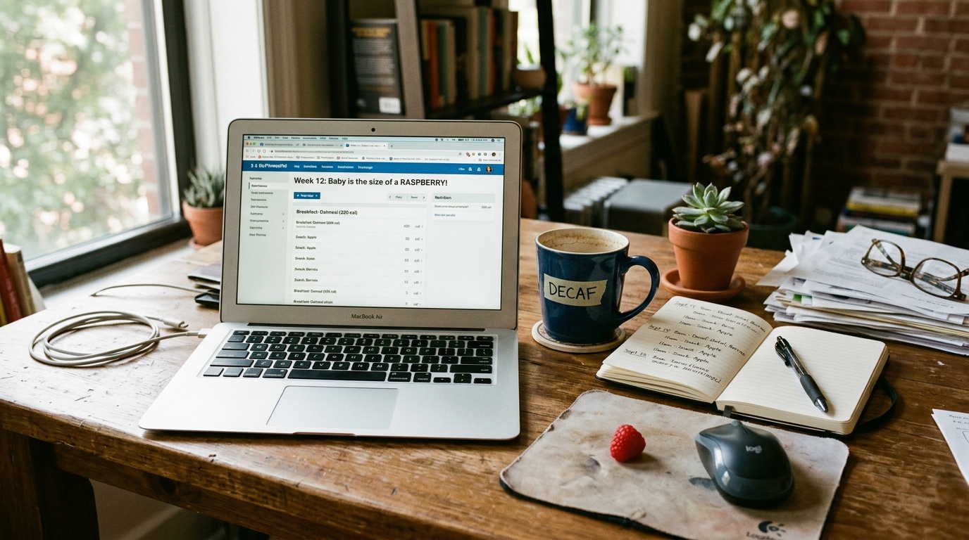 A messy work desk in soft morning light — open laptop with a nutrition tracker, half-empty mug of decaf, handwritten food notebook, and a single raspberry beside the mousepad