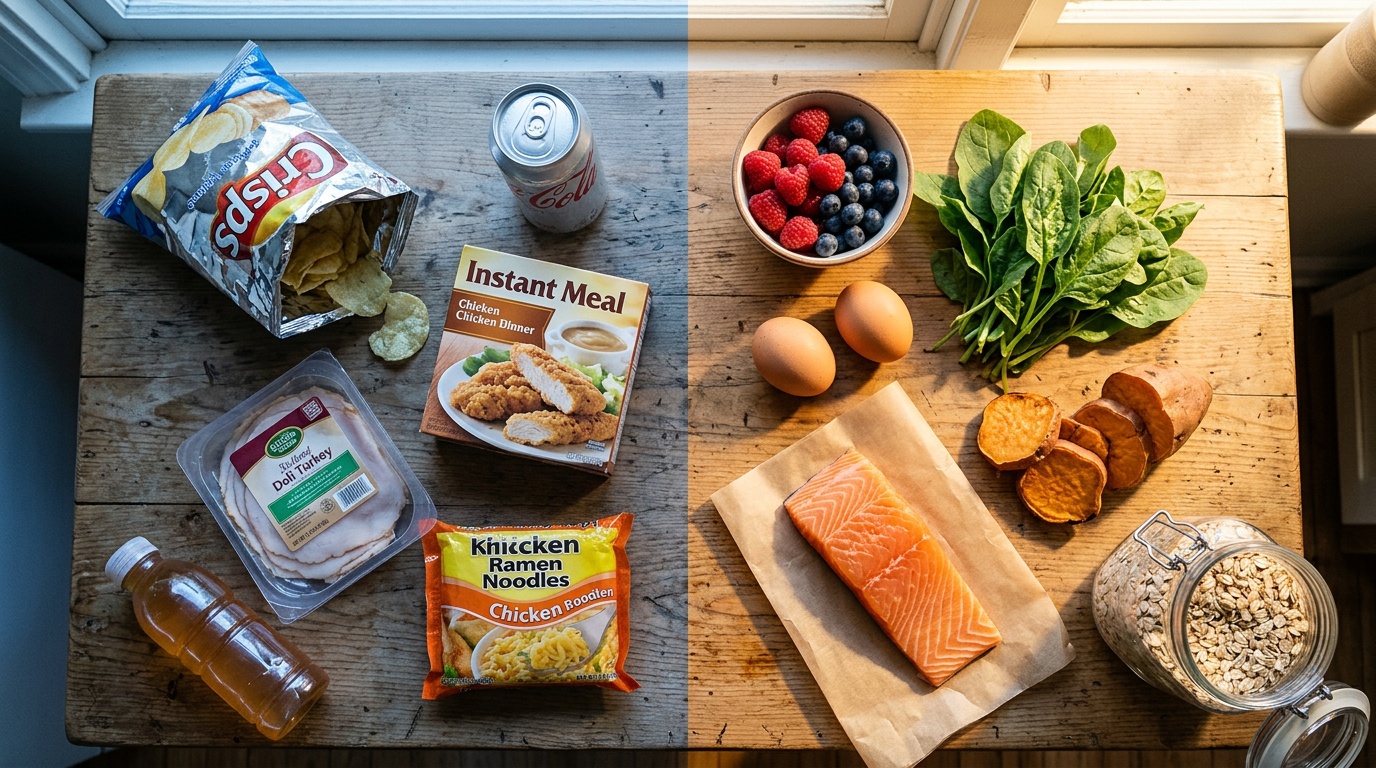 Overhead view of a split table contrasting ultra-processed packaged foods on the left with fresh whole foods on the right