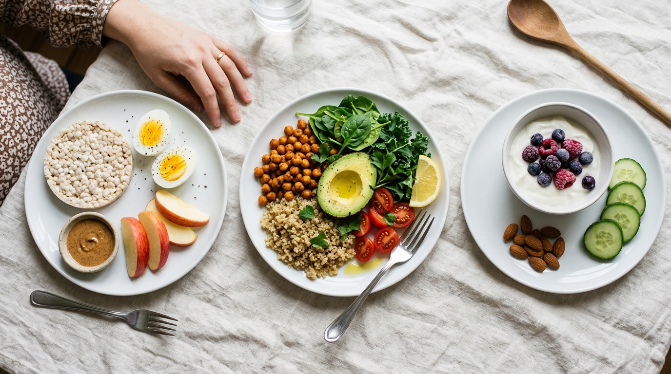 Three white plates showing whole-food meals tailored for first, second, and third trimester pregnancy nutrition