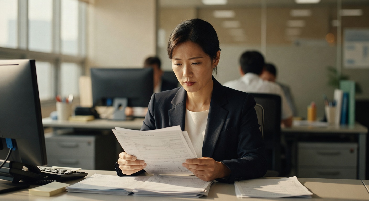 Korean worker reviewing payslip documents at an office