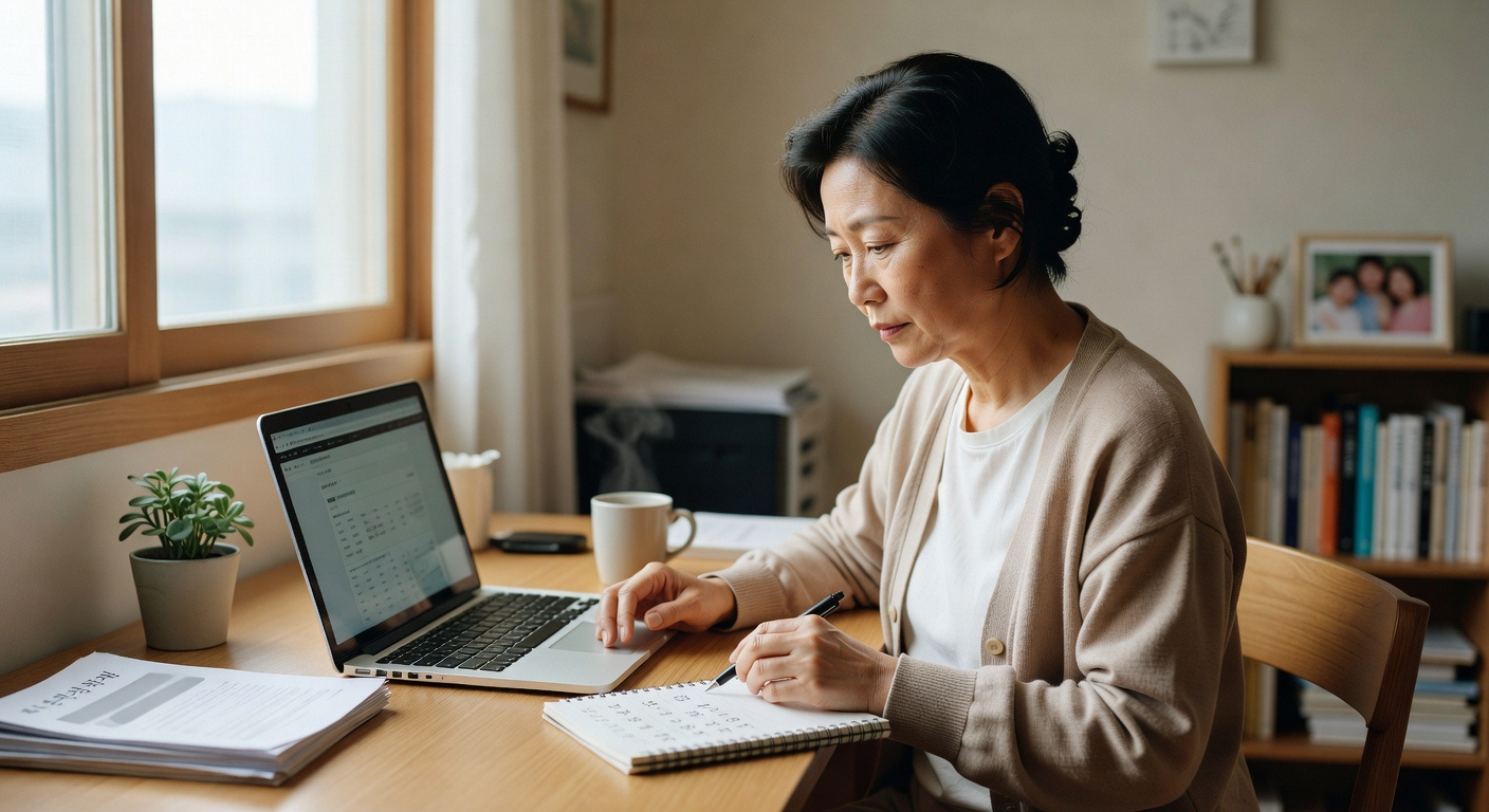 person using a laptop to calculate retirement pay at a desk