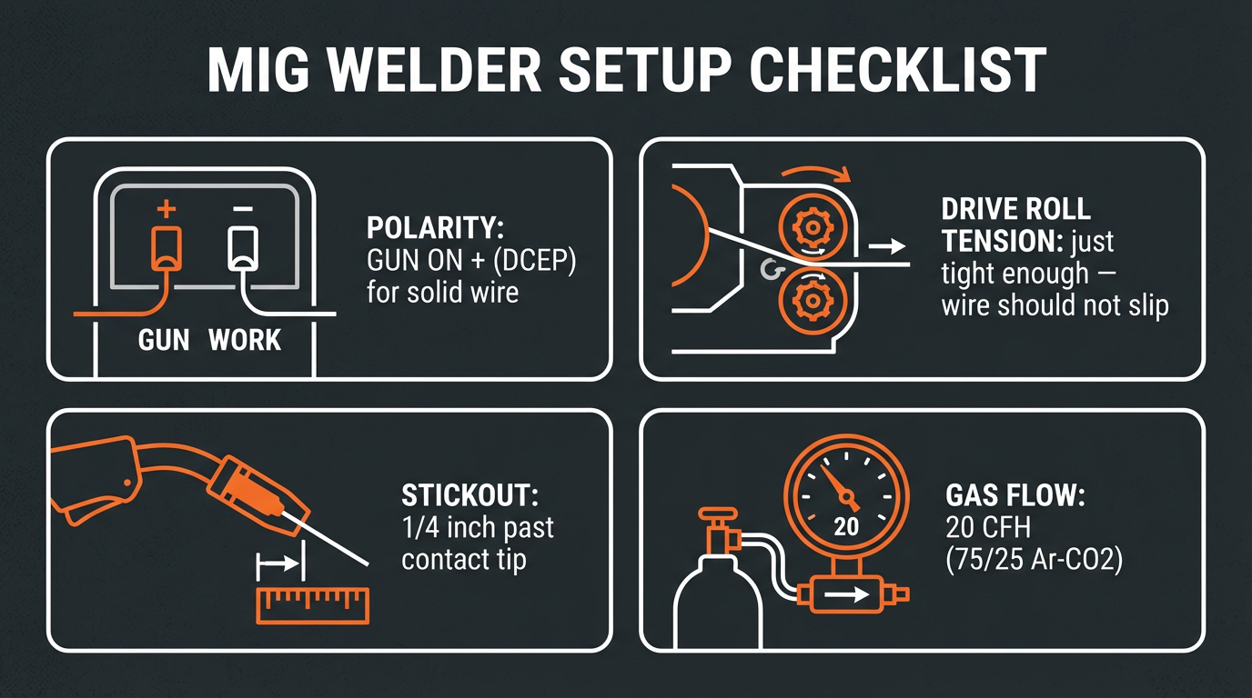 Labeled diagram showing MIG welder setup &mdash; polarity studs, drive roll tension, contact tip stickout at one quarter inch, and argon-CO2 regulator at twenty CFH