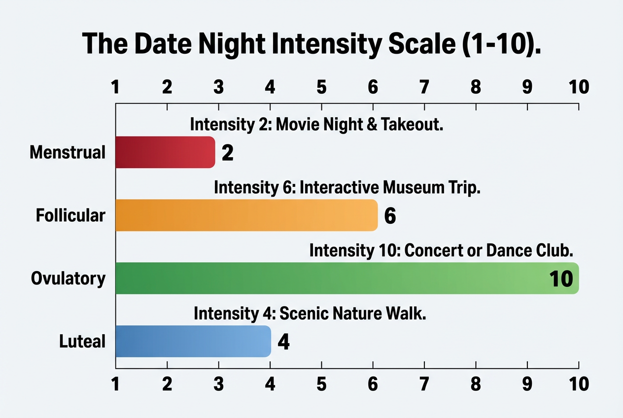 A horizontal bar chart showing date intensity levels from 1 to 10 across the four cycle phases, from low-effort movies to high-energy concerts.