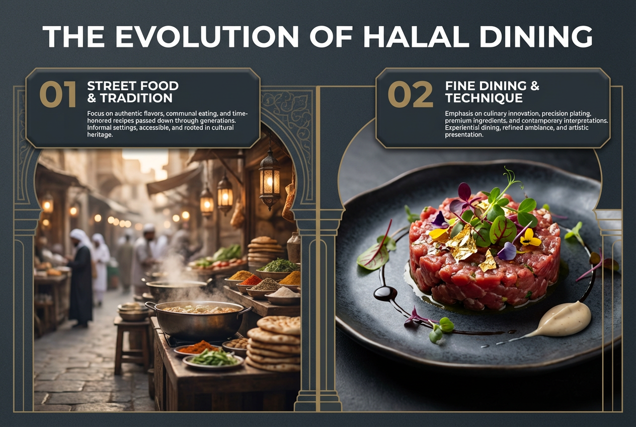 Professional guide to modern halal fine dining showing the transition from casual street food to luxury Michelin-starred gastronomy experiences.