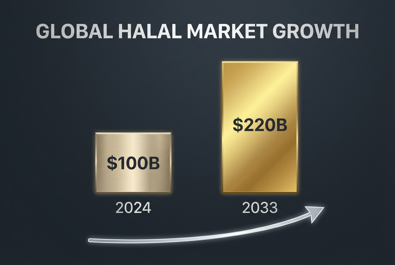 Data visualization showing the global halal food market growth from 100 billion dollars in 2024 to an estimated 220 billion dollars by 2033.