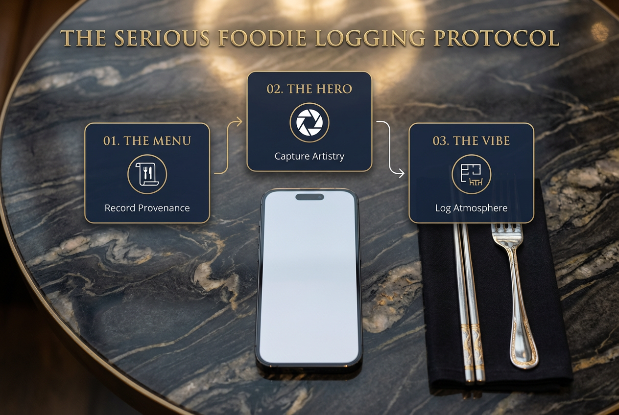 Infographic explaining the three essential photos for a halal dining archive: the menu for details, the hero dish for art, and interior for vibe.