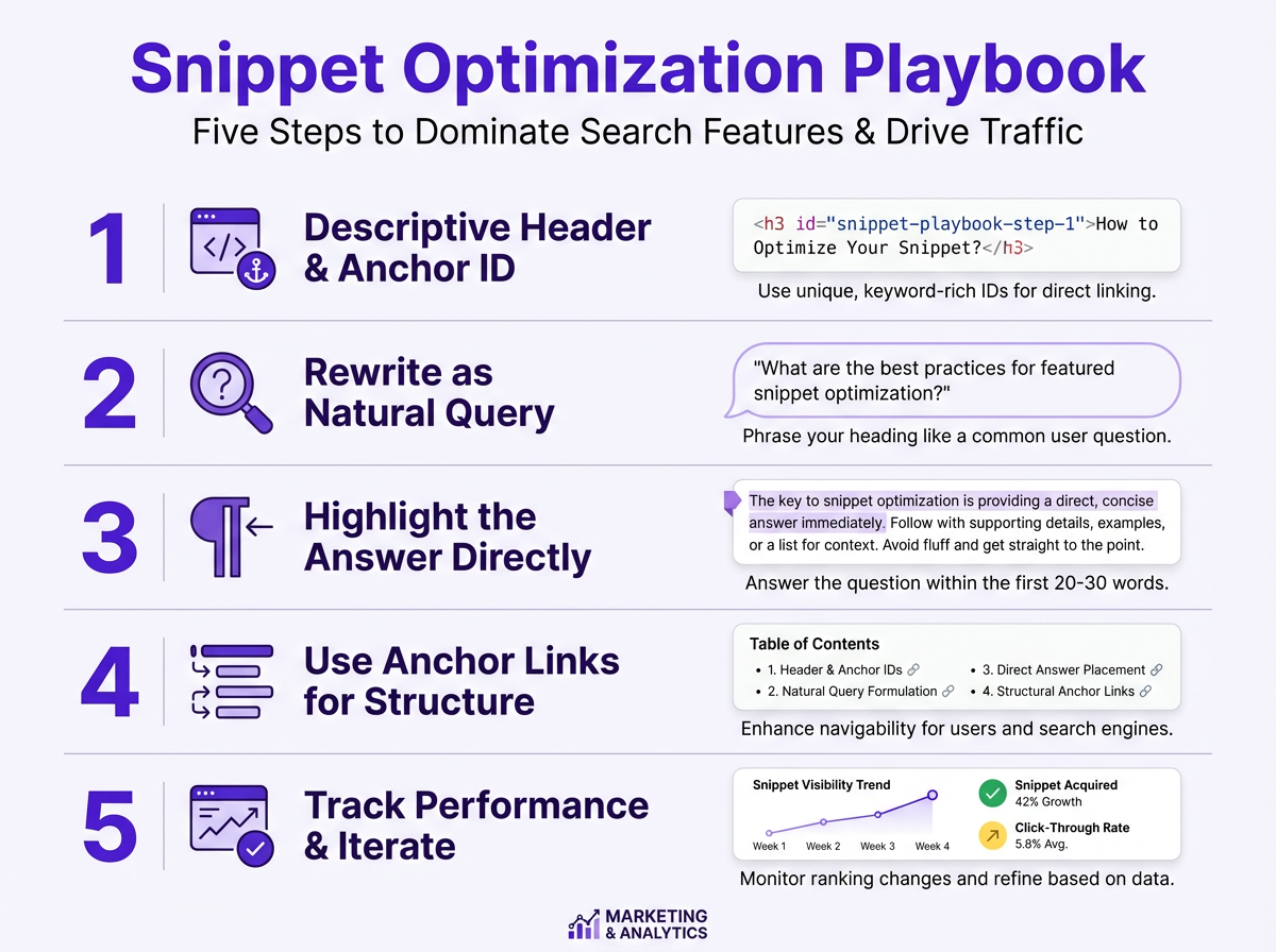 Infographic summarizing the five snippet optimization techniques for earning Google Read More deep links.