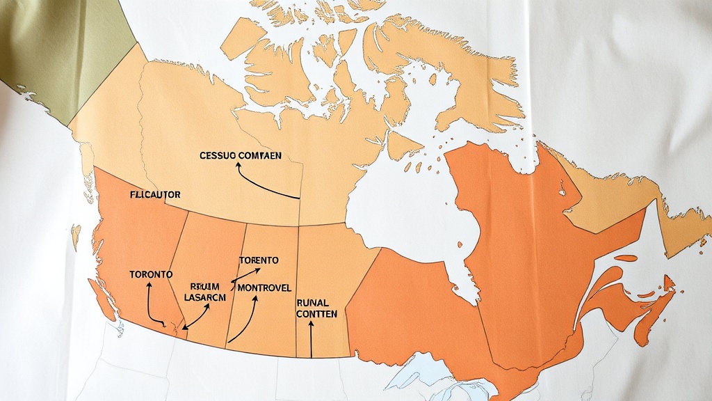 A map of Canada illustrating census metropolitan areas like Toronto, Vancouver, and Montreal, with arrows pointing toward rural communities. This image highlights migration trends and policy shifts.