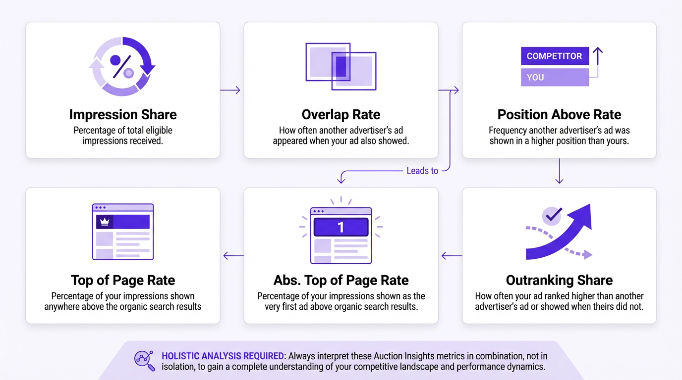 Diagram explaining the six key metrics of Google Ads Auction Insights.