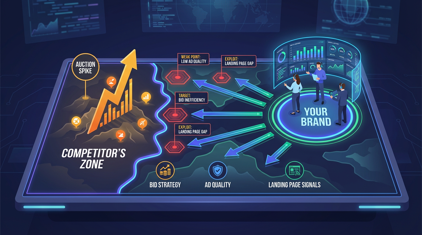A strategic battle map for responding to a competitor's spike in Google Ads Outranking Share.