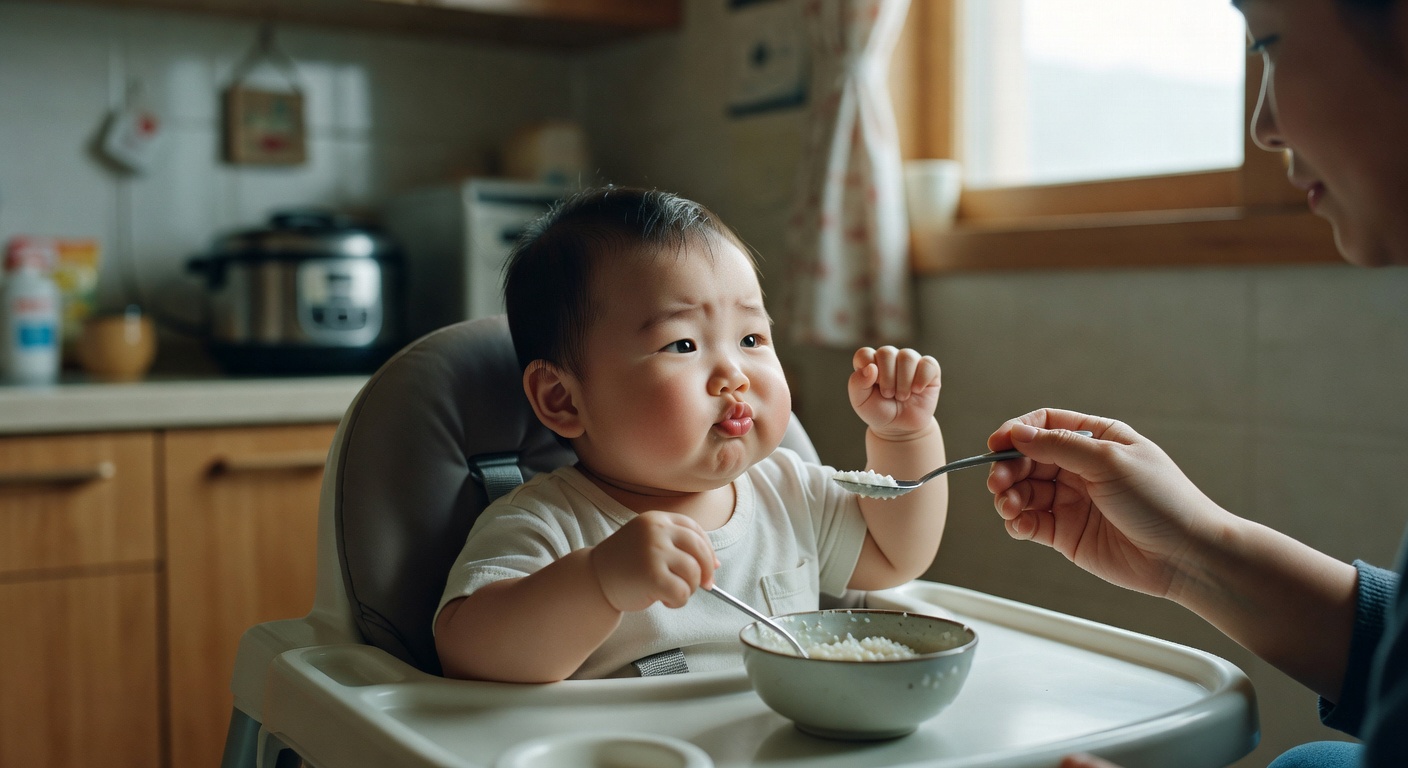 baby sitting in a high chair refusing food with bowl on tray