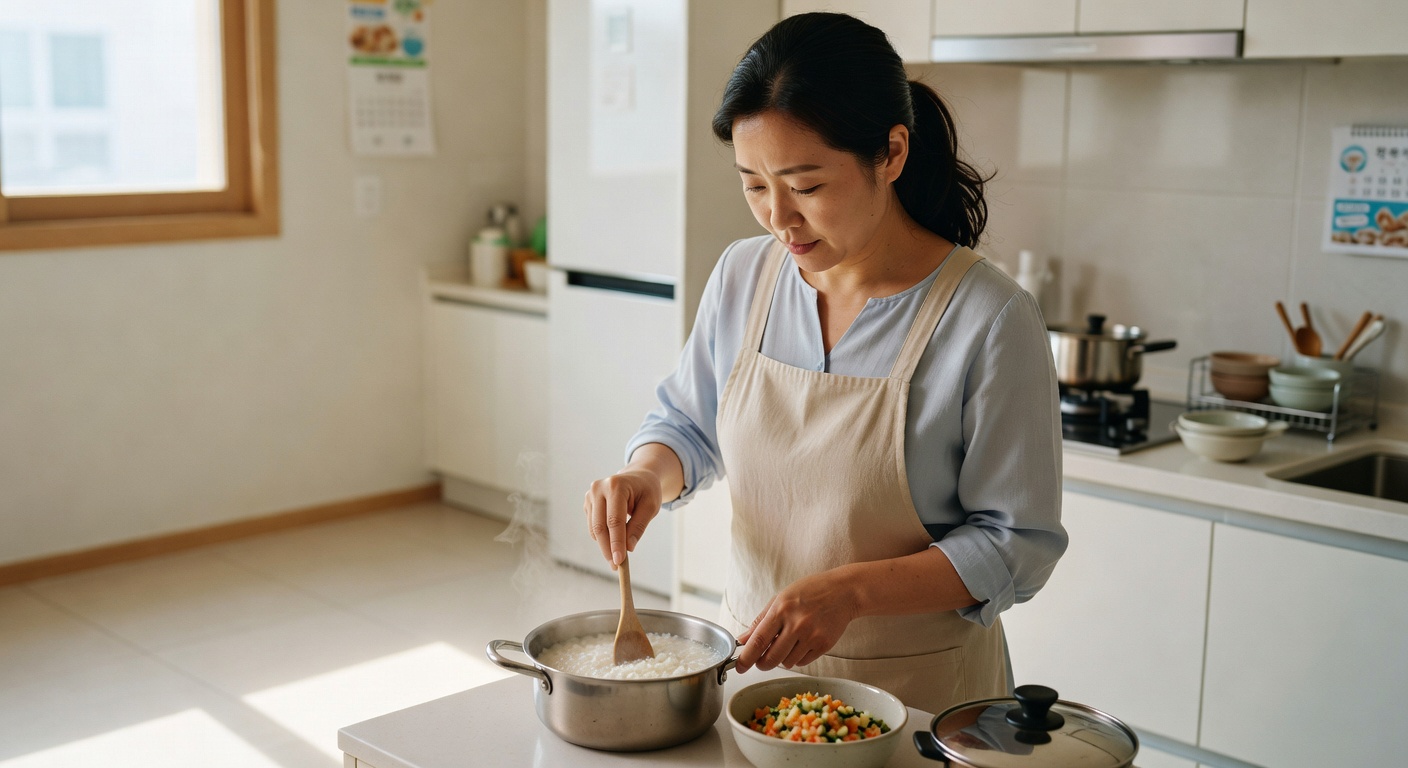 Korean mother preparing baby porridge in a bright kitchen