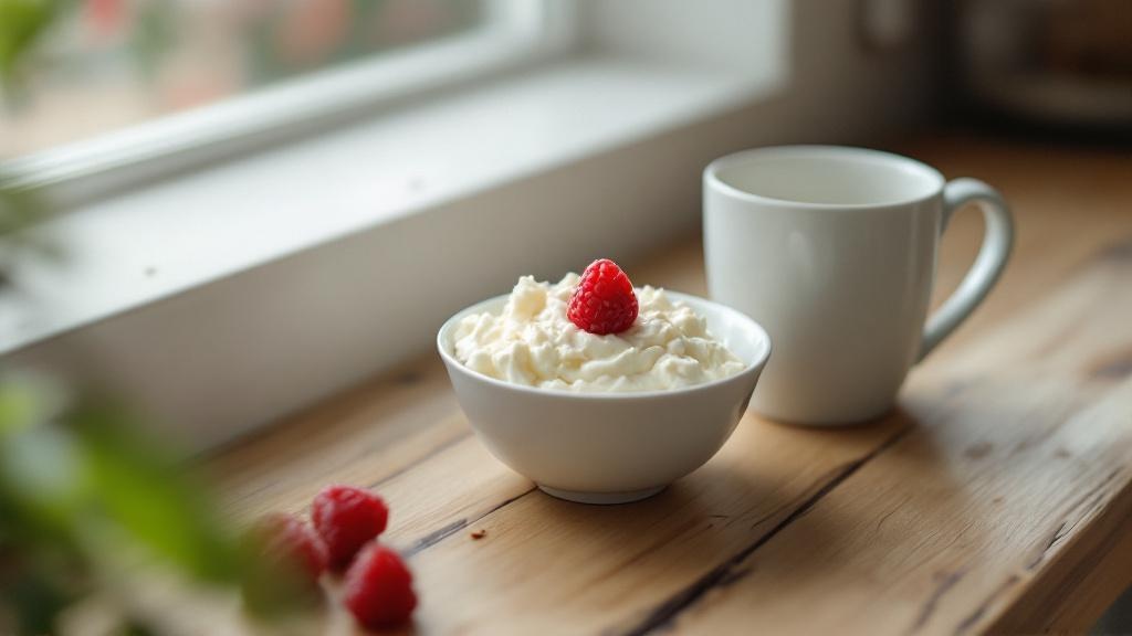 Quiet morning kitchen counter, small white bowl of cottage cheese with a fresh raspberry on top, white ceramic coffee mug beside it, soft window light, lived-in mood