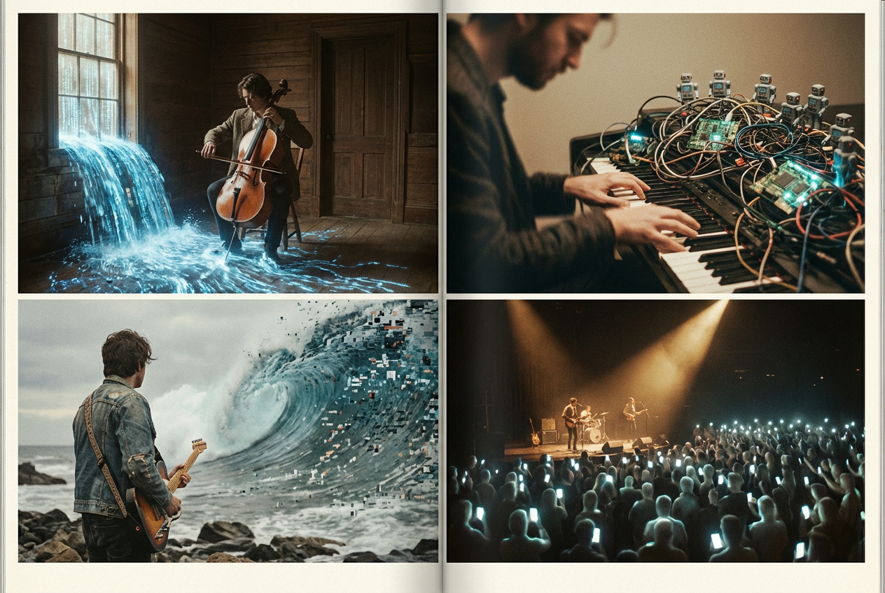 A massive wall of identical, translucent album covers cascading like a waterfall into a small stream where a few colorful, hand-painted vinyl records float, overwhelmed by the deluge, moody lighting with digital blue and organic gold tones