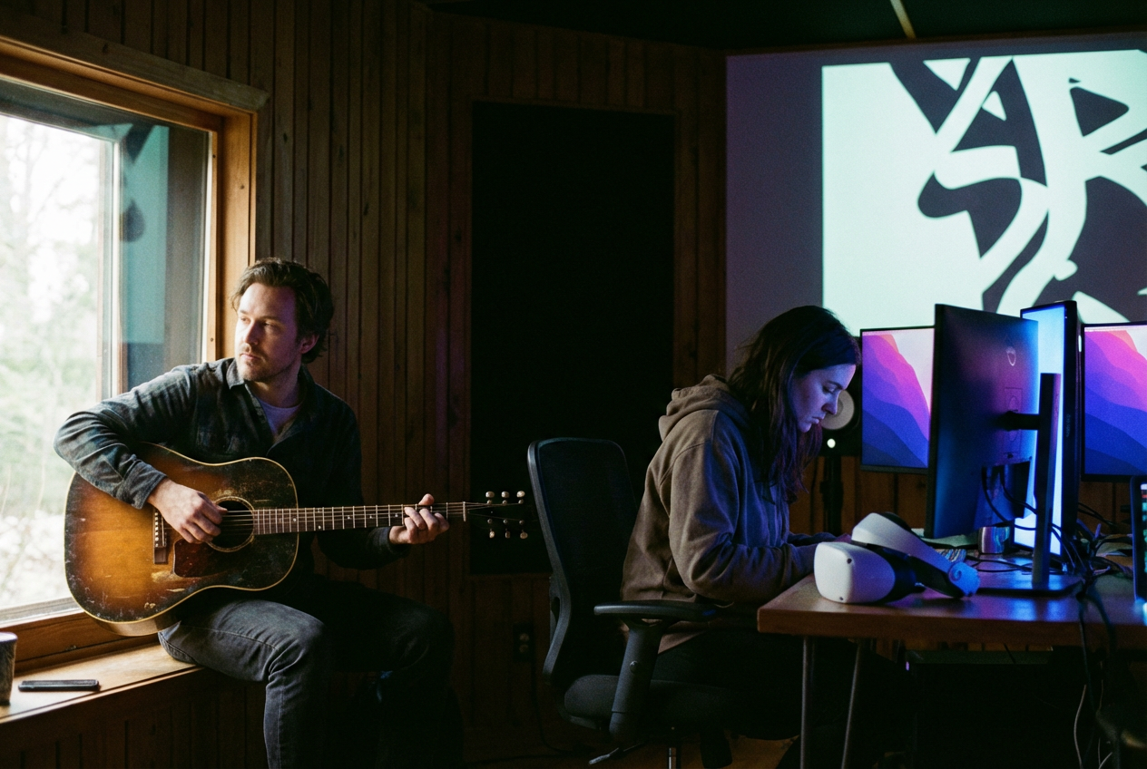A split-screen scene showing two musicians side by side — on the left, a musician sitting alone with a guitar and a static album cover on a laptop screen, dim lighting; on the right, the same musician with vibrant AI-generated visual projections swirling around them, colorful and dynamic, their phone showing social media engagement metrics climbing