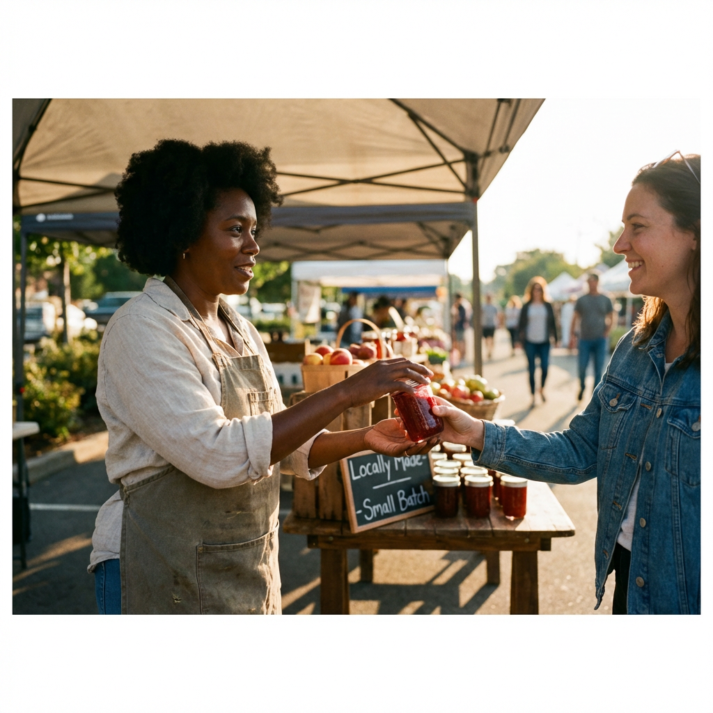 45-year-old Black woman, a small-batch jam maker, handing a jar of strawberry jam to a smiling customer at a farmers market, golden afternoon light, a display of her products in the background, a sign that reads "Locally Made - Small Batch"