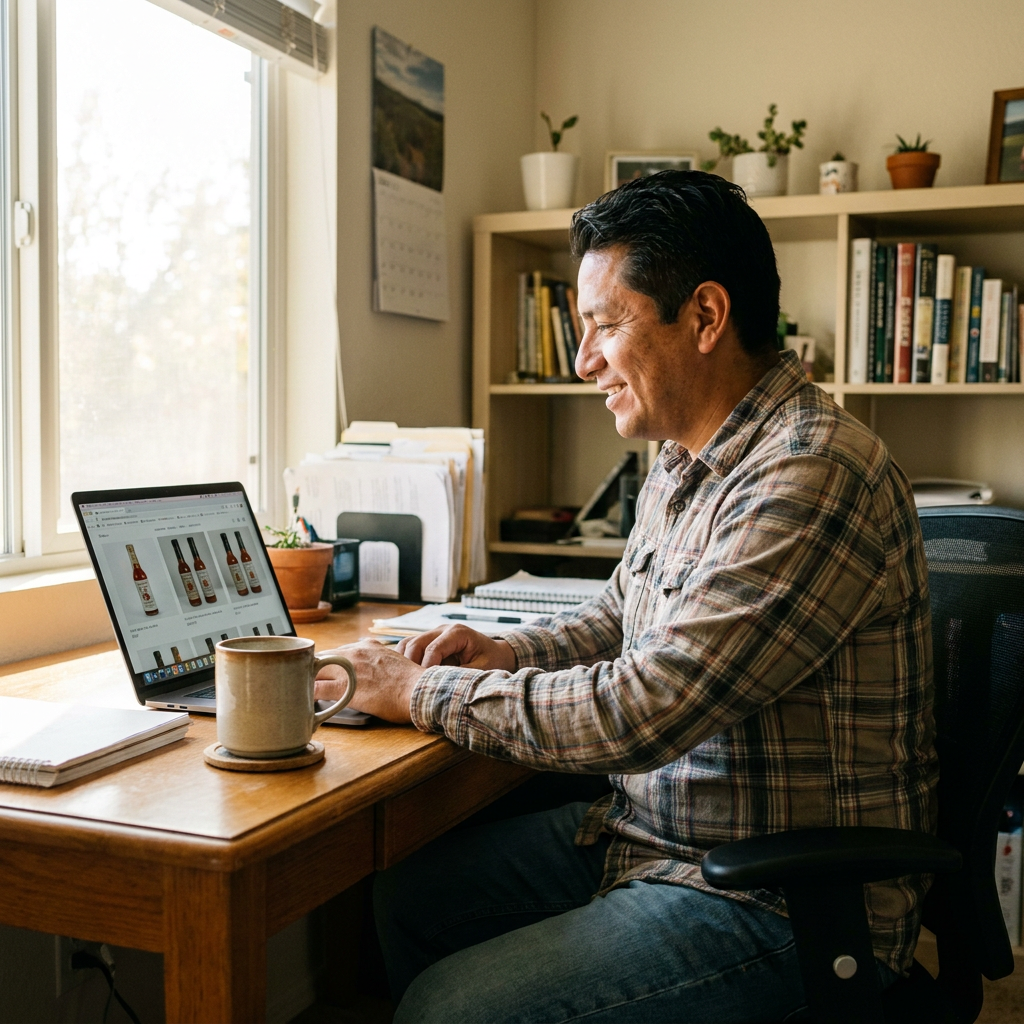 Same 38-year-old Latino hot sauce maker, but now it’s 9am, he’s in a clean, well-lit home office, smiling at his laptop screen showing a gallery of polished product photos, a fresh cup of coffee beside him, sunlight streaming through the window
