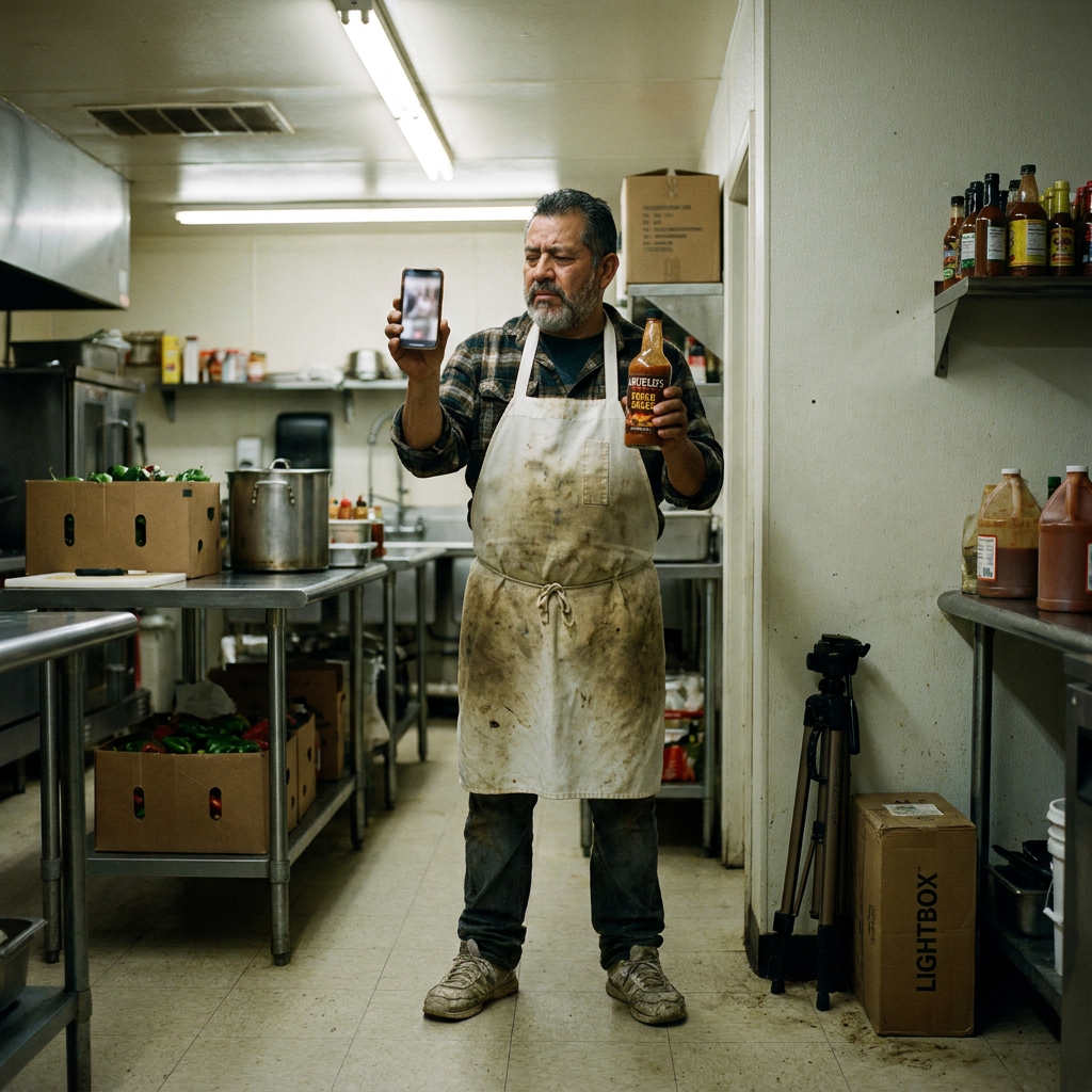 38-year-old Latino hot sauce maker in a small commercial kitchen at 7pm, holding a phone in one hand and a bottle of hot sauce in the other, squinting at a blurry photo on his screen, fluorescent light casting harsh shadows, a tripod and lightbox shoved into the corner gathering dust