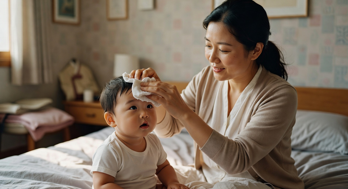 Korean parent gently wiping a toddler's forehead with a damp cloth on a bed
