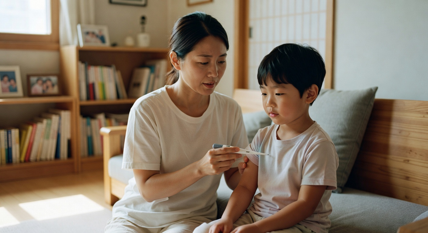 Korean mother measuring child's temperature with a digital thermometer at home