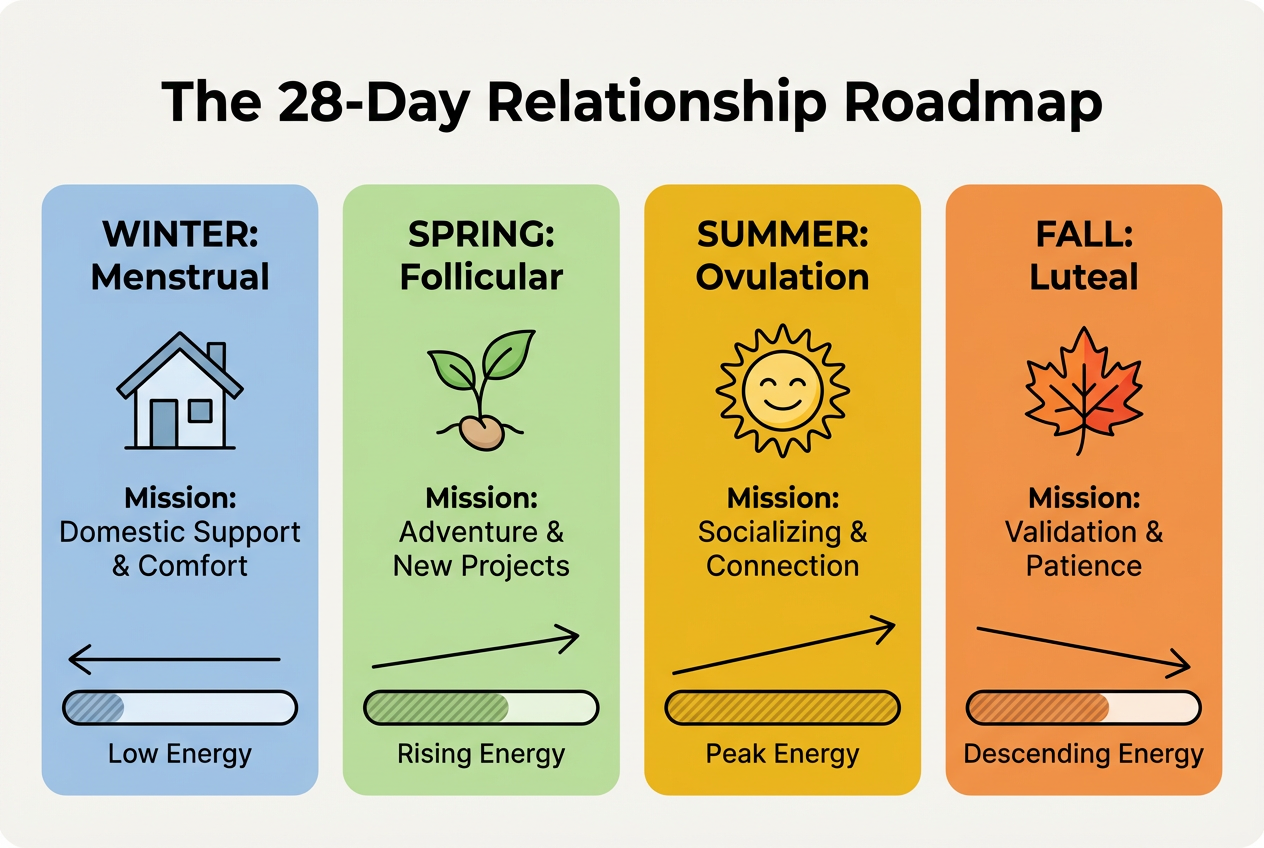 An infographic titled The 28-Day Relationship Roadmap detailing the four phases of a menstrual cycle: Winter, Spring, Summer, and Fall with partner missions.