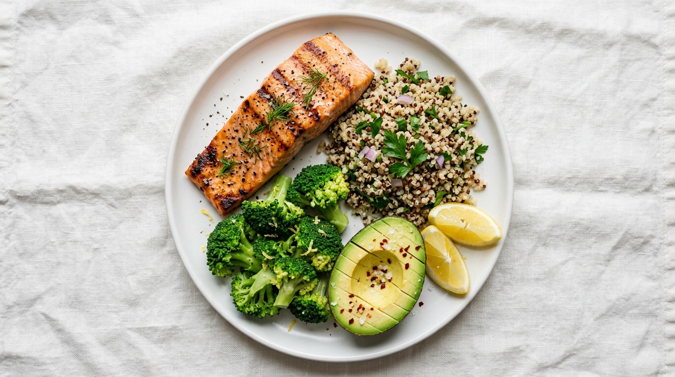 Balanced pregnancy plate with grilled salmon, quinoa, broccoli, avocado and lemon — overhead view