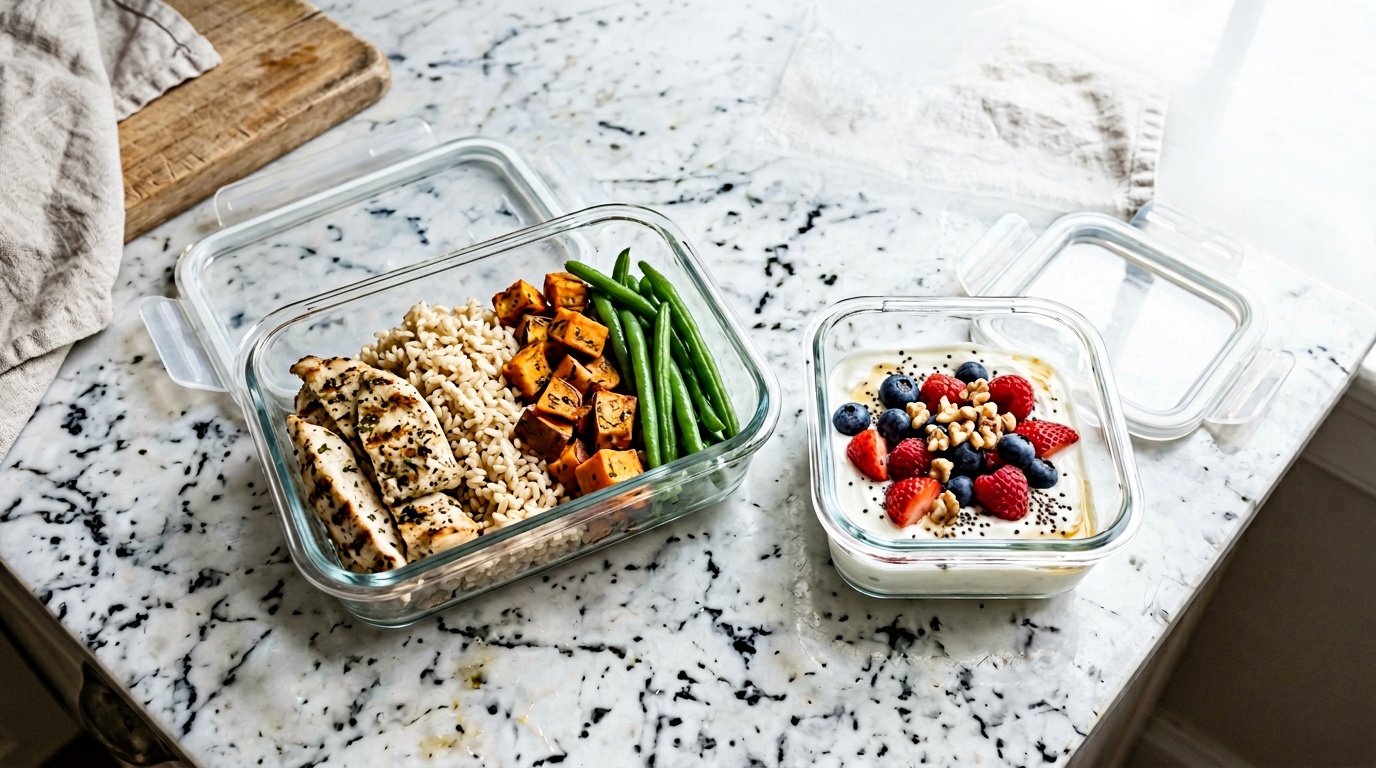 Pregnancy meal-prep containers with grilled chicken, brown rice, sweet potato, green beans, Greek yogurt and berries