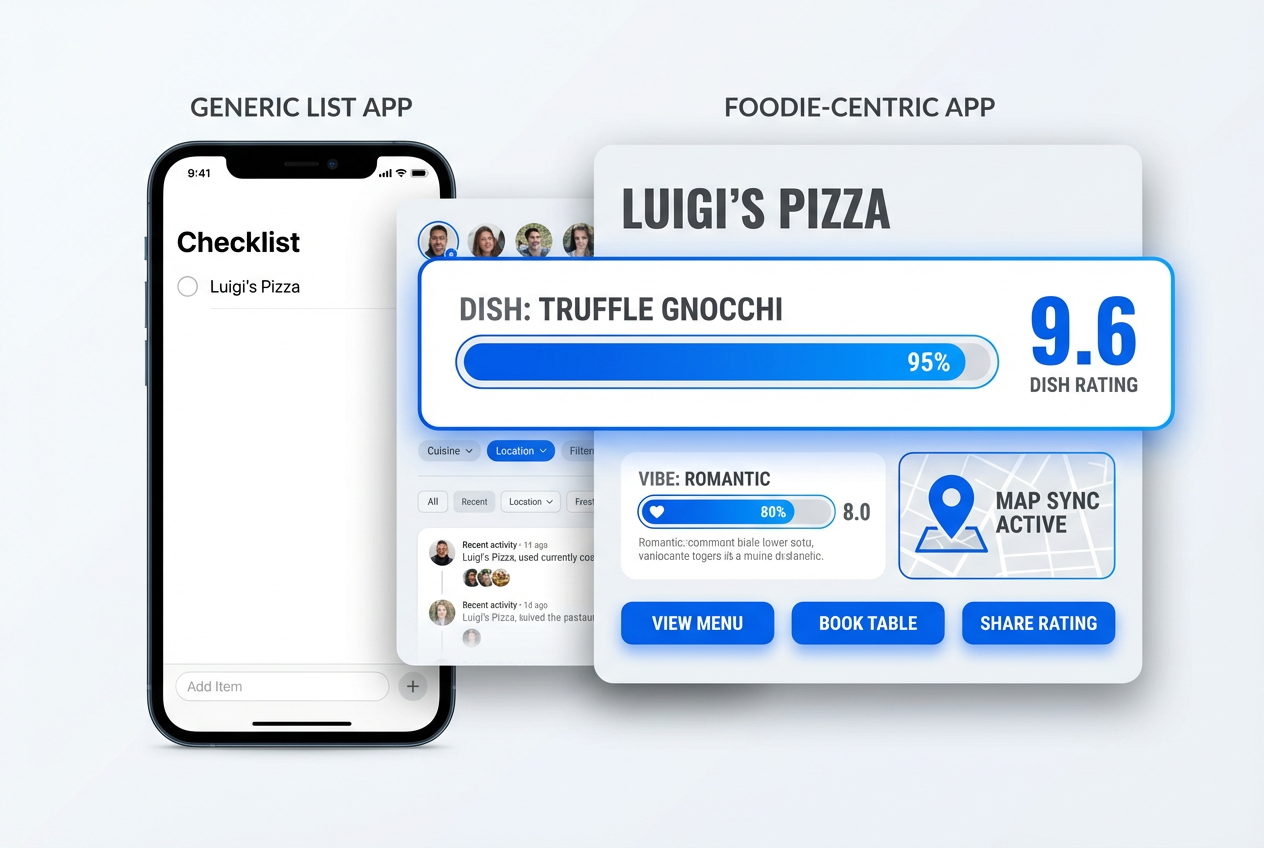 General-purpose list apps only tell you where you went. Foodie-centric apps capture the granular details, like which specific dish earned a near-perfect 9.6 rating.