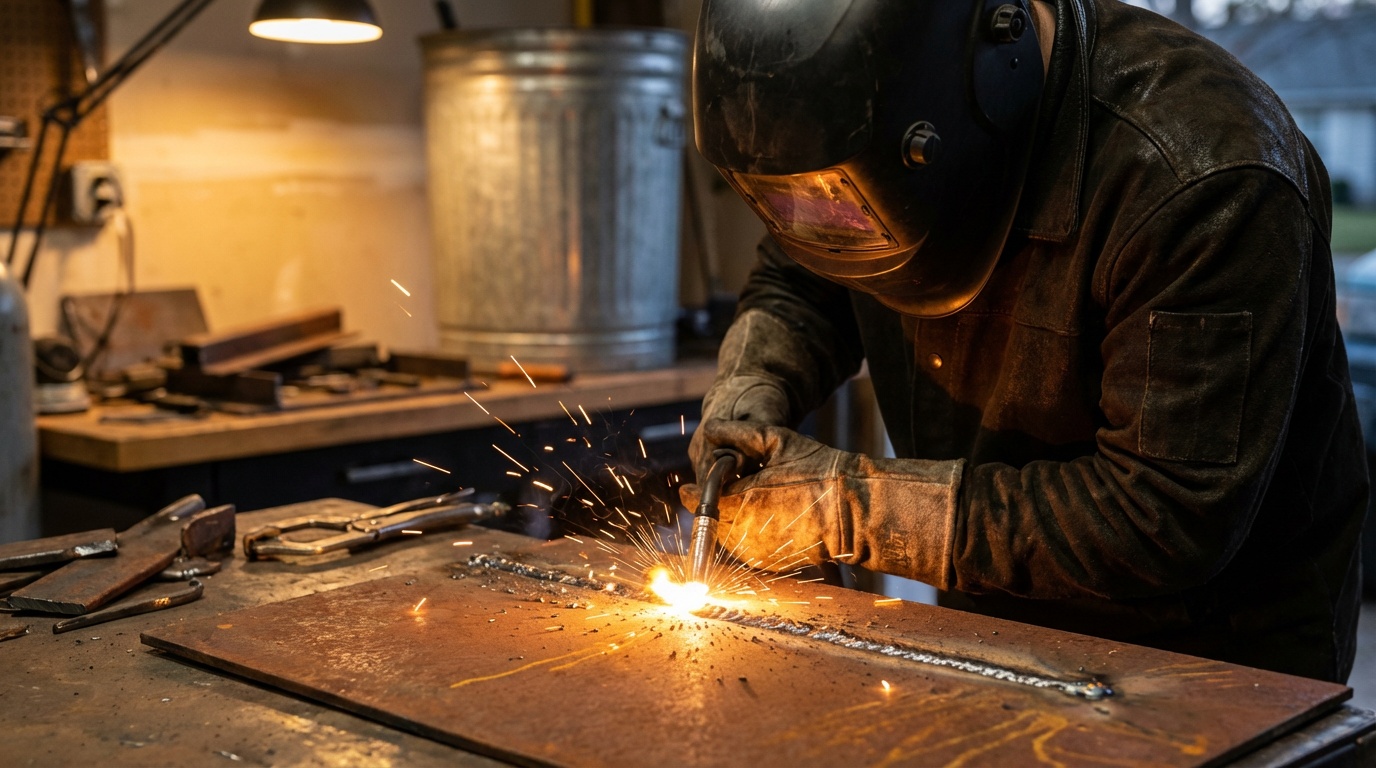 Welder running a flux-core MIG bead on rusty mild steel in a home garage workshop, bright yellow-orange arc and visible spatter trail