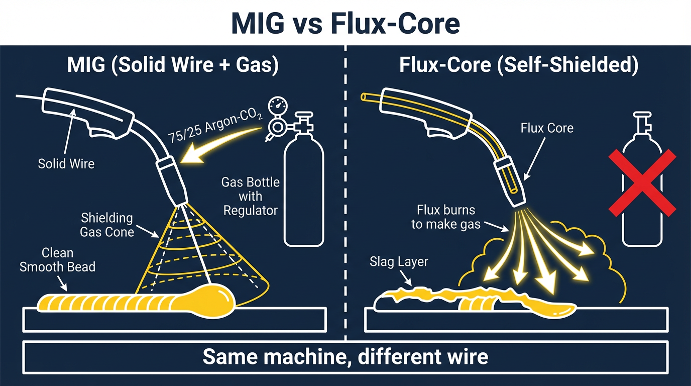 Side-by-side comparison of MIG and flux-core welding setups, showing solid wire feeding through MIG gun with gas shield, vs. flux-cored wire with self-generated shielding gas. Labels: solid wire, gas shielding, flux-cored wire, slag layer, no gas bottle.