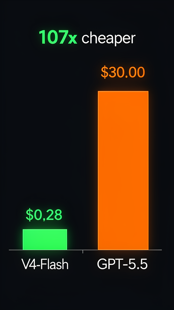 Pricing comparison: V4-Flash at $0.28 vs GPT-5.5 at $30.00 — 107x cheaper