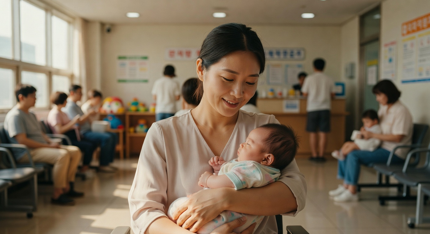 Korean parent holding infant at pediatric clinic waiting room