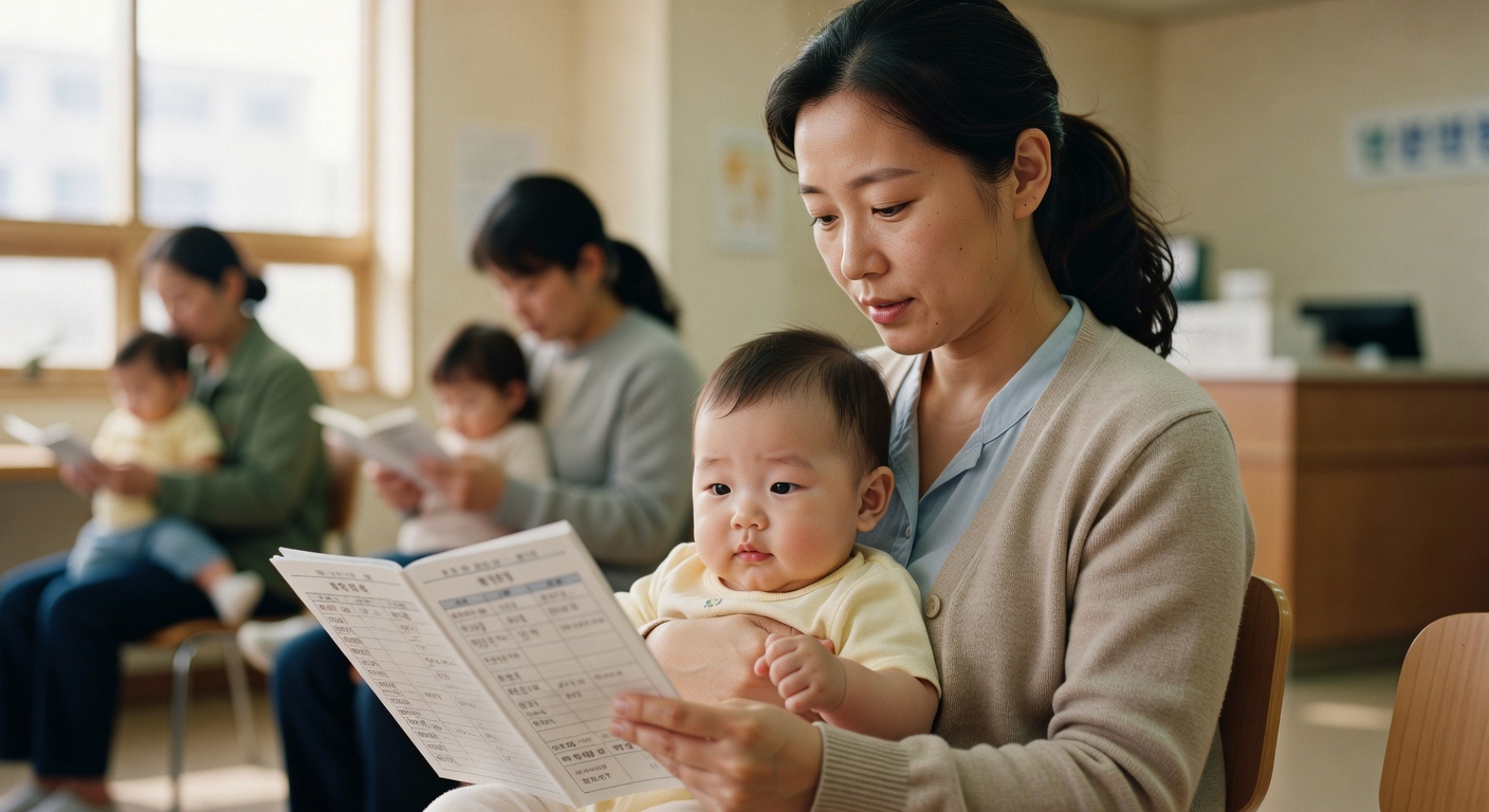 Korean mother reviewing vaccination booklet with infant on lap