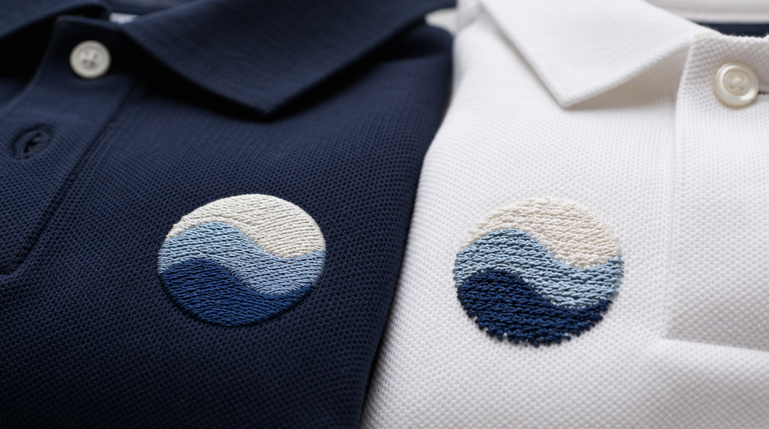Macro photography of two folded polo shirts side by side showing tight-stitch embroidery quality compared with rougher embroidery on a cooler shirt