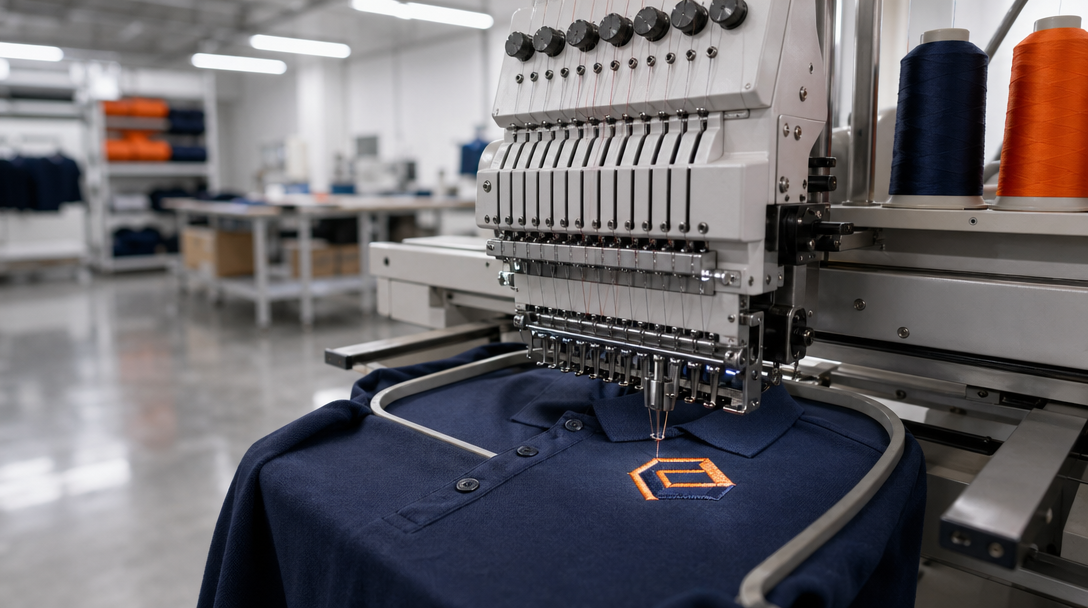 Industrial embroidery machine in mid-stitch threading a generic emblem onto a navy polo shirt with thread spools in navy and orange visible