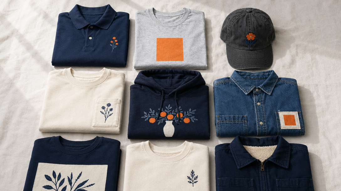 Editorial flat-lay of nine folded custom-decorated apparel items including embroidered polos, screen-printed tees, and embroidered caps on a clean studio surface