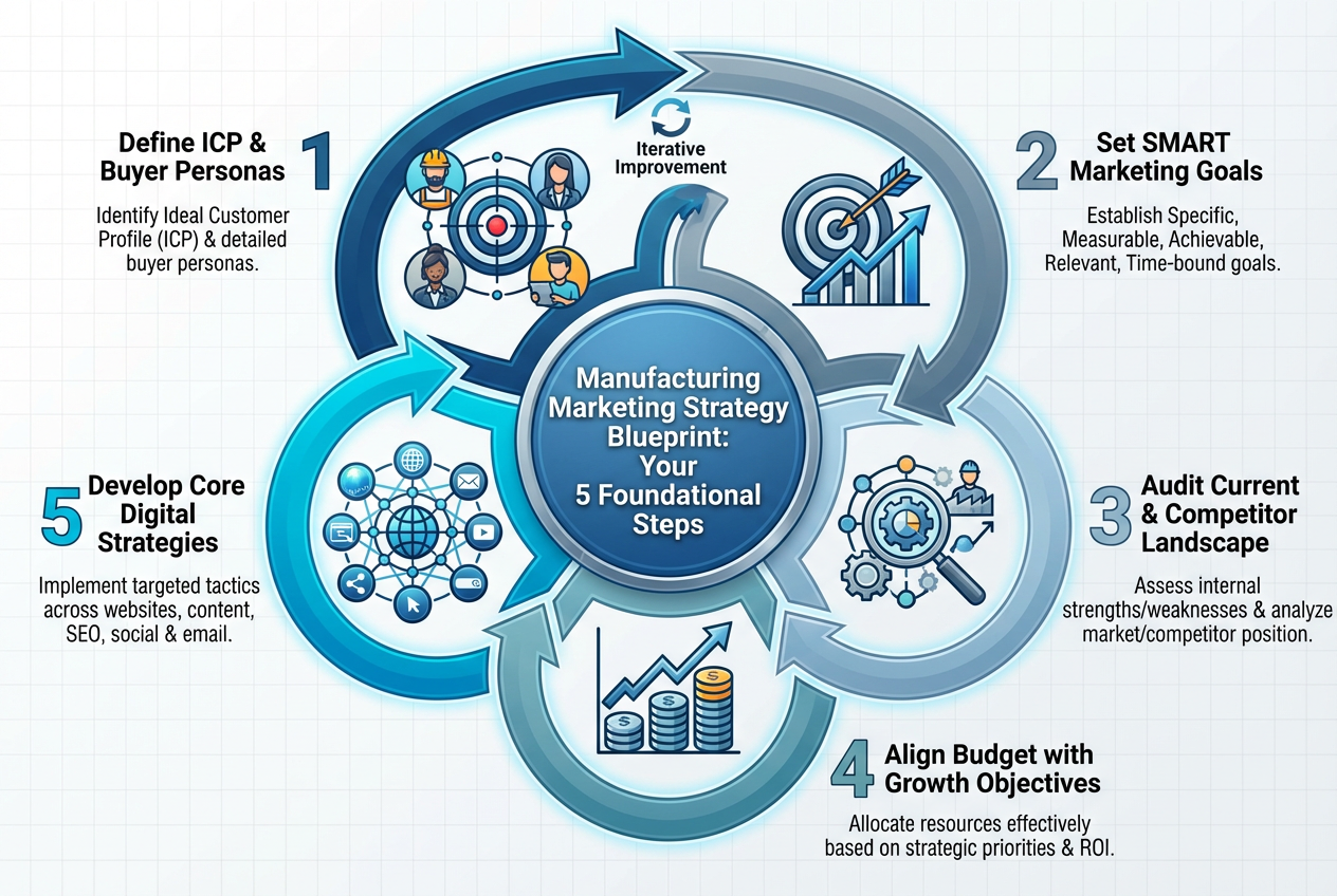 A 5-step blueprint for a manufacturing marketing strategy: defining ICP, setting SMART goals, auditing, budgeting, and developing digital tactics.