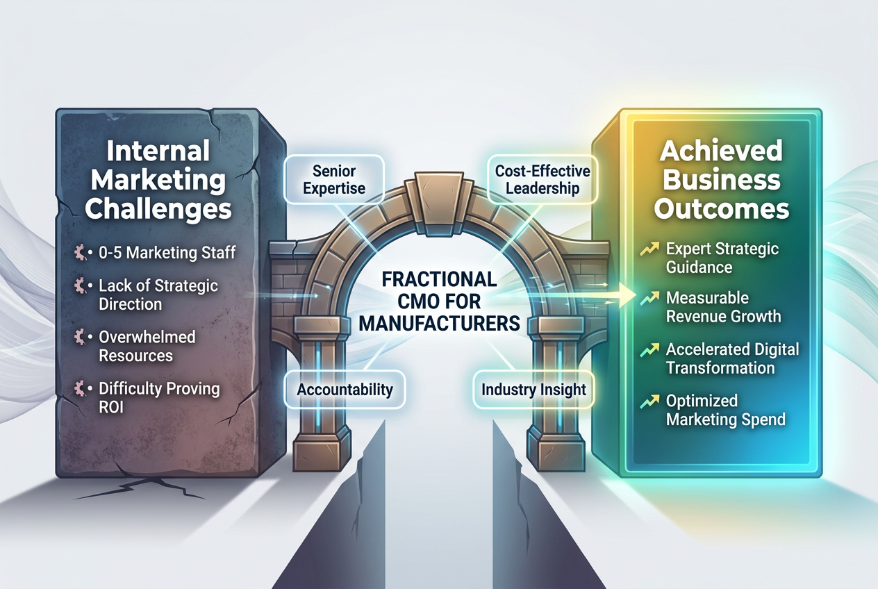 Visualizing how a Fractional CMO bridges internal marketing challenges for manufacturers, leading to strategic guidance and measurable growth.