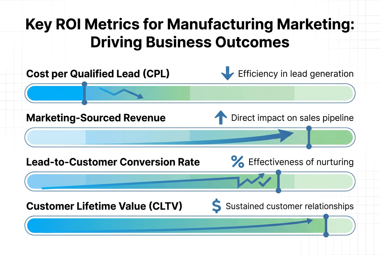 Visual representation of key manufacturing marketing ROI metrics: CPL, Marketing-Sourced Revenue, Lead-to-Customer Conversion, and CLTV, showing business impact.