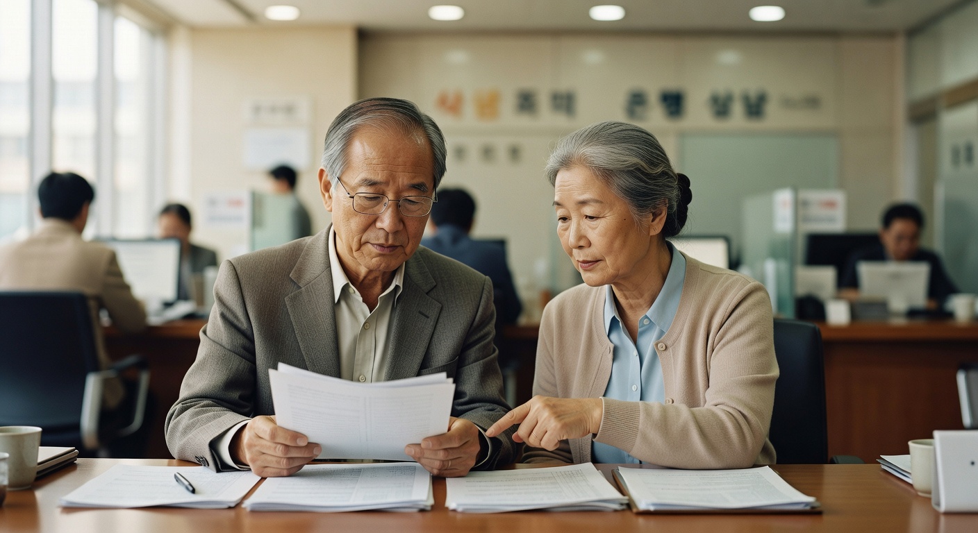 elderly Korean couple reviewing documents at a bank desk