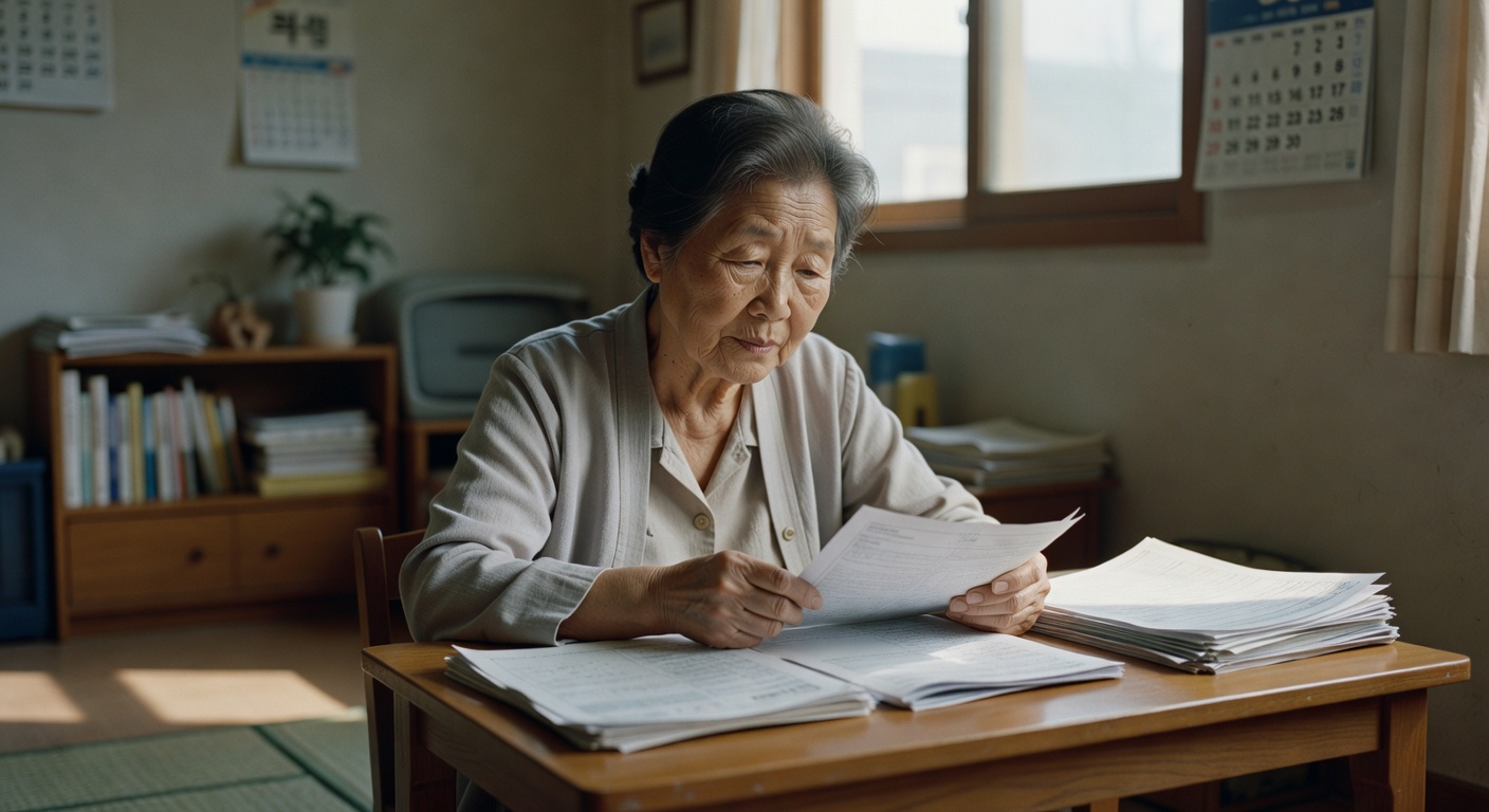 Korean elderly woman looking at paperwork at home